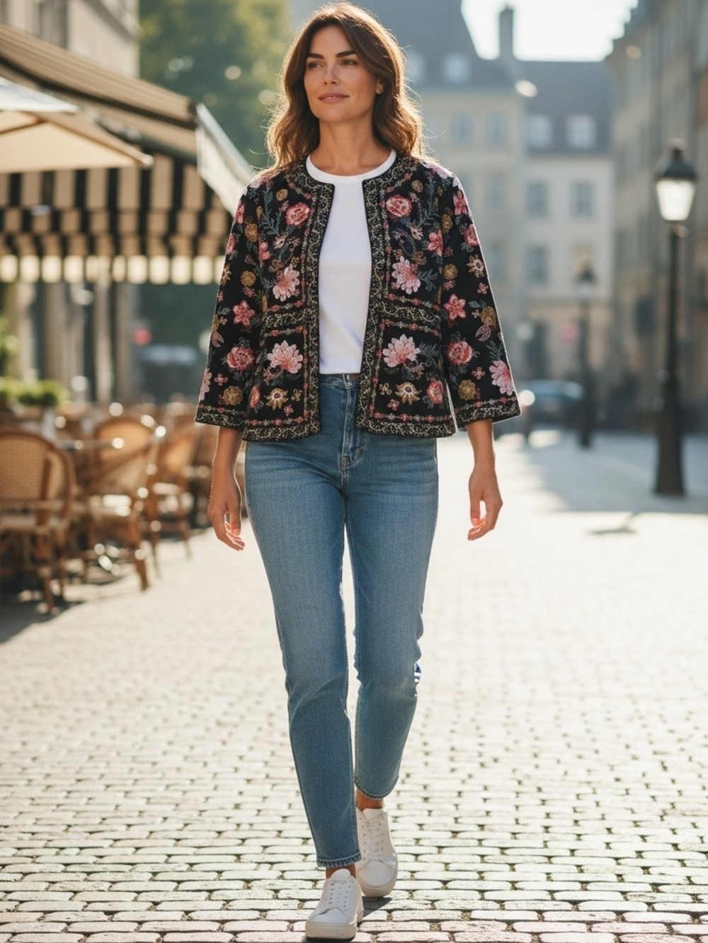 Rockin’ C Embroidered Floral Open Front Jacket M Boho Western Cottagecore
